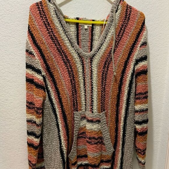 EASEL Tunic-Like V-Neck Lightweight Knit Sweater Top Hoodie Kangaroo Pocket - Picture 1 of 10